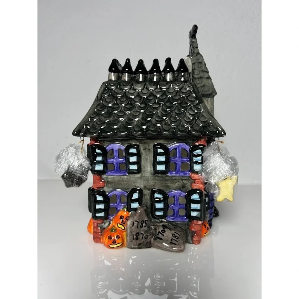 Halloween Haunted House Ceramic Tealight Candle Holder Ghost Spider Decor